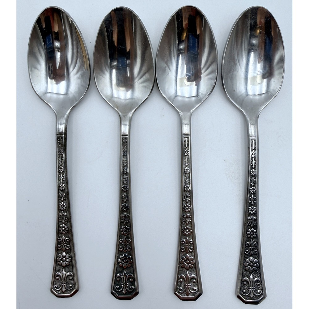 4 Vintage Interpur Florenz Fleur de Lis 6" Teaspoons Korea Stainless Mid Century
